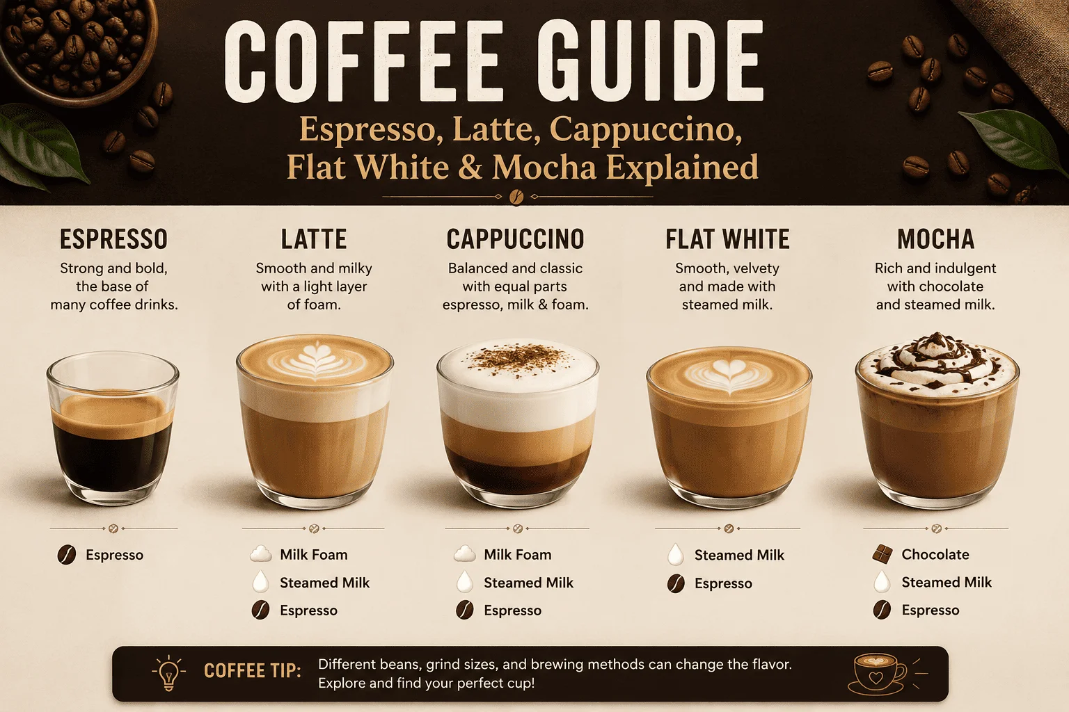 Espresso latte cappuccino flat white mocha coffee guide
